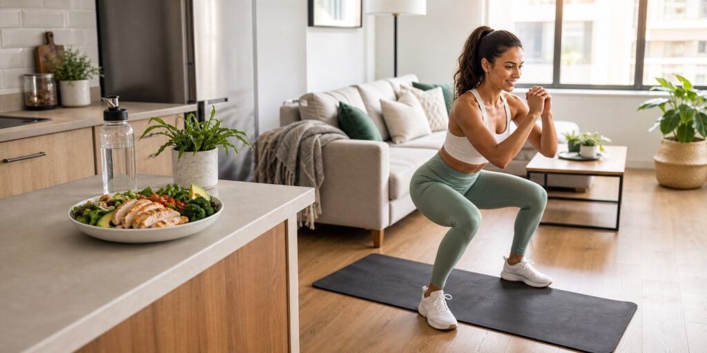 Pessoa fazendo treino leve em casa com água e uma refeição low carb ao fundo para manter energia na adaptação.