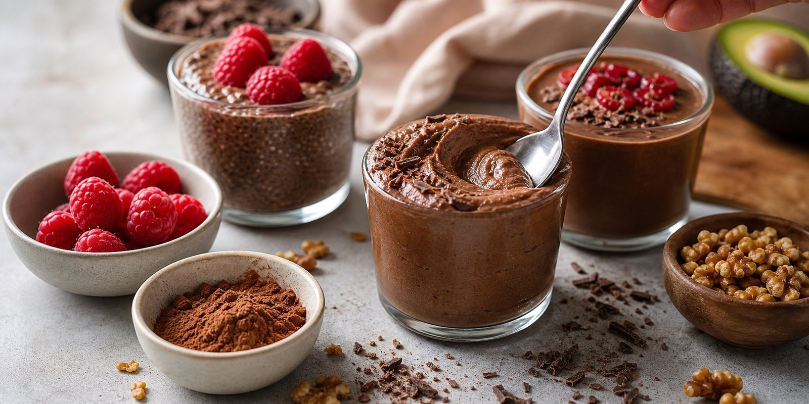 Doces low carb com mousse de cacau, chia pudding, frutas vermelhas e nozes em copos pequenos.