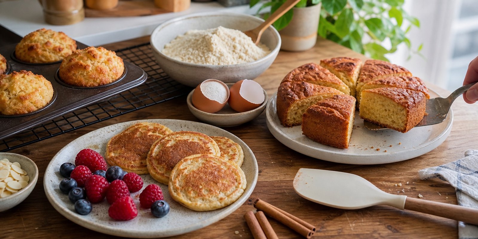 Mini bolo de farinha de amêndoas, panquecas pequenas, muffins de coco, ovos e canela em porções individuais.