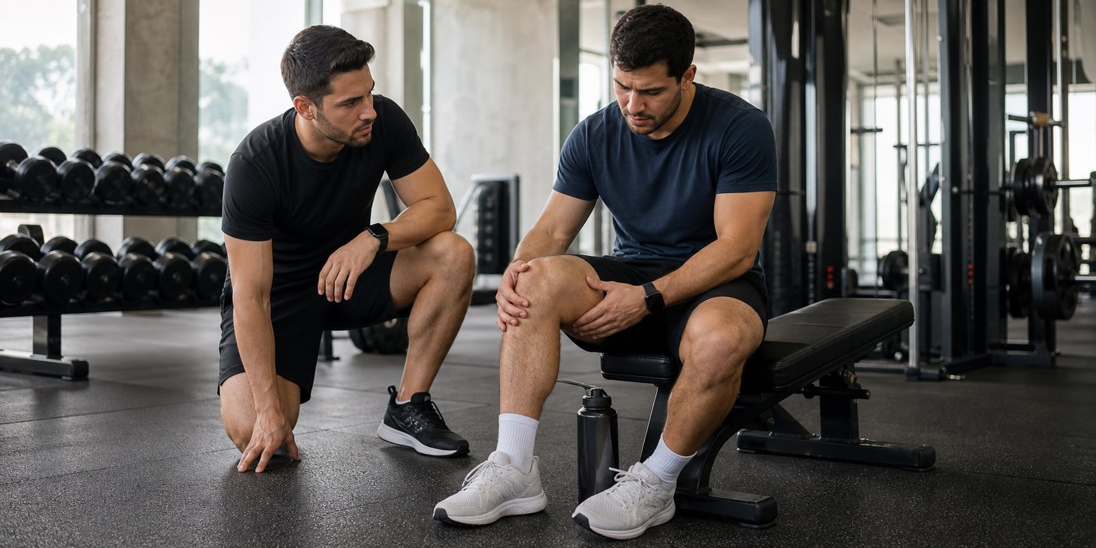 Aluno avaliando dor no joelho após treino de perna para diferenciar recovery muscular de sinal de lesão.