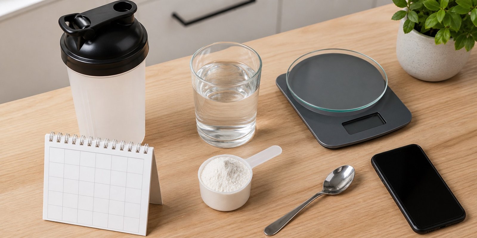 Scoop de creatina em pó ao lado de água, shaker, balança e calendário para explicar como tomar creatina todos os dias.