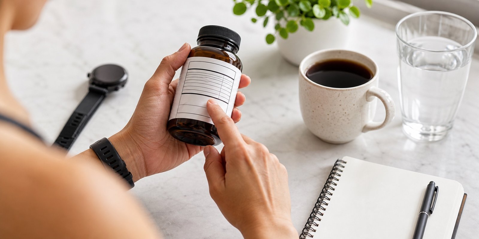 Pessoa lendo rótulo para controlar cafeína e dose de suplemento estimulante.