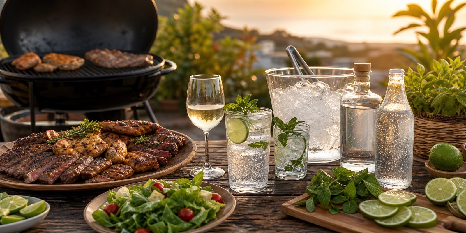 Mesa de churrasco com carnes grelhadas, salada, água com gás, limão, gelo e drinks claros sem açúcar.