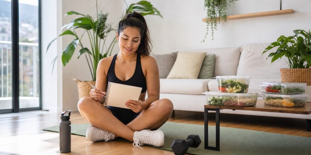 Pessoa planejando treino e refeições para emagrecer rápido com saúde em casa.