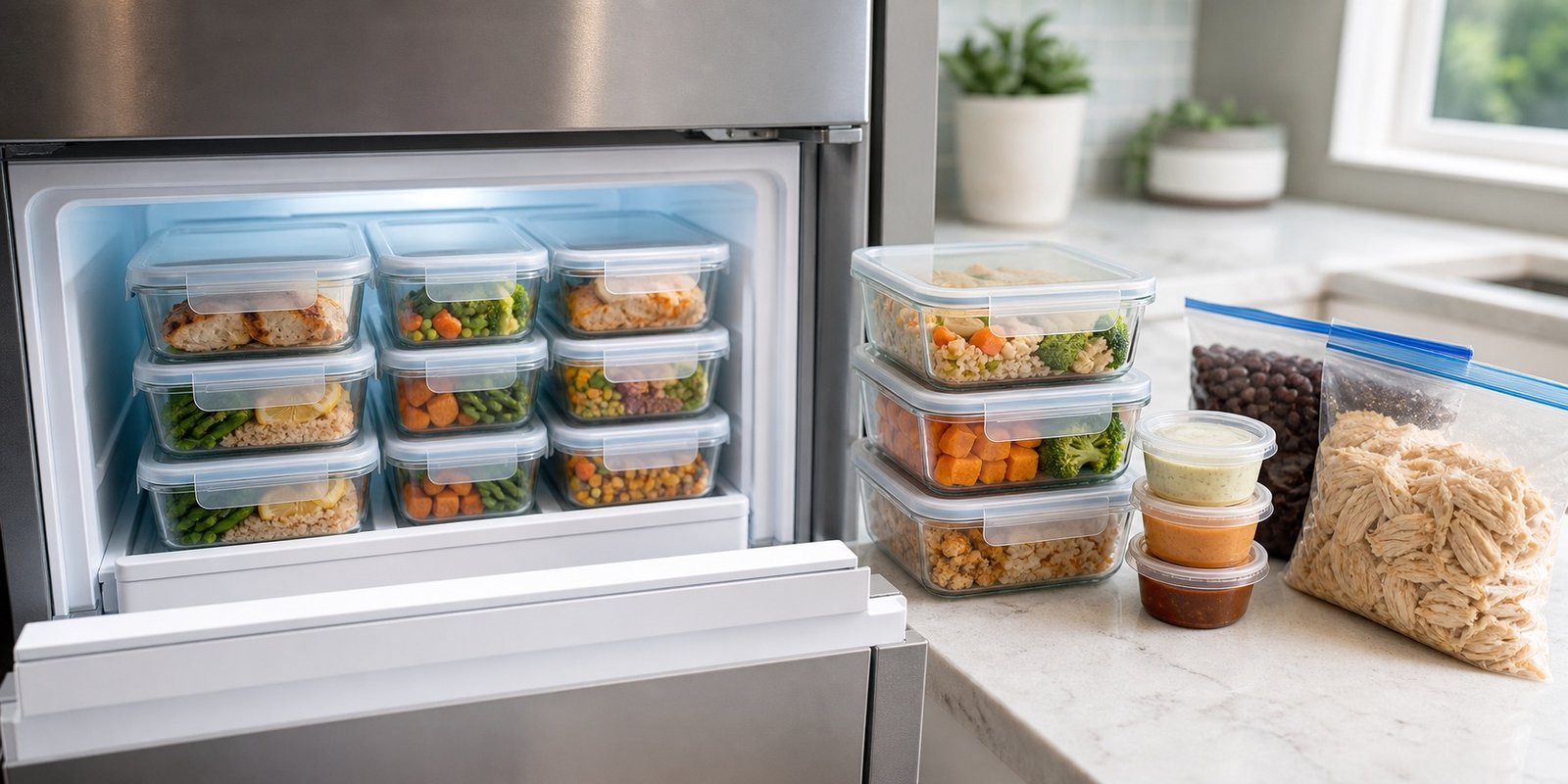 Potes de marmita fitness empilhados no freezer com porções coloridas e molhos separados.