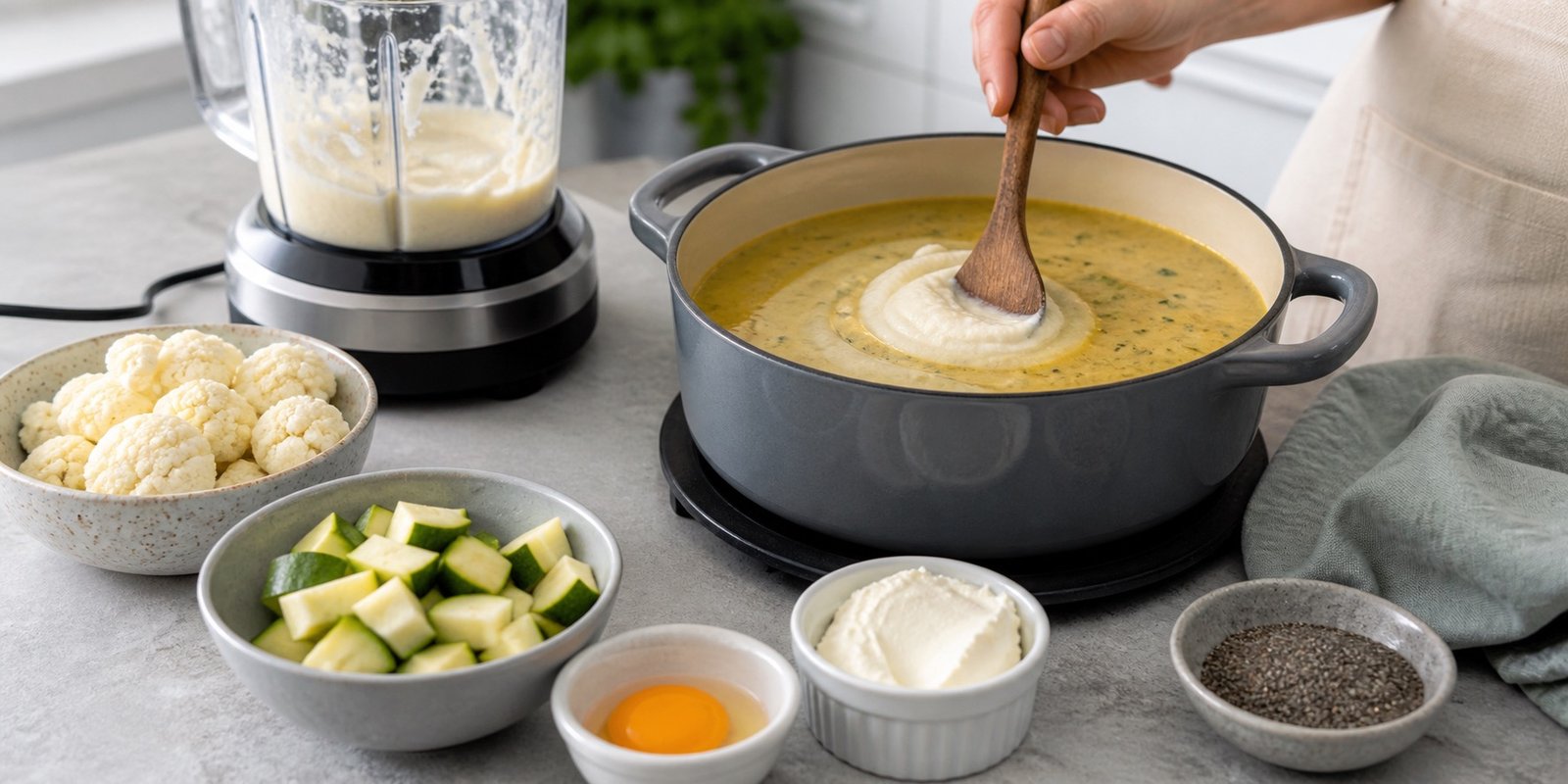 Panela com creme de couve-flor, abobrinha, ovos e sementes usados para engrossar caldo low carb.