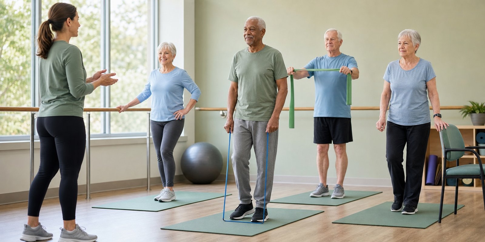 Idosos fazendo equilíbrio com apoio e exercícios leves com faixa elástica em sala de treino.