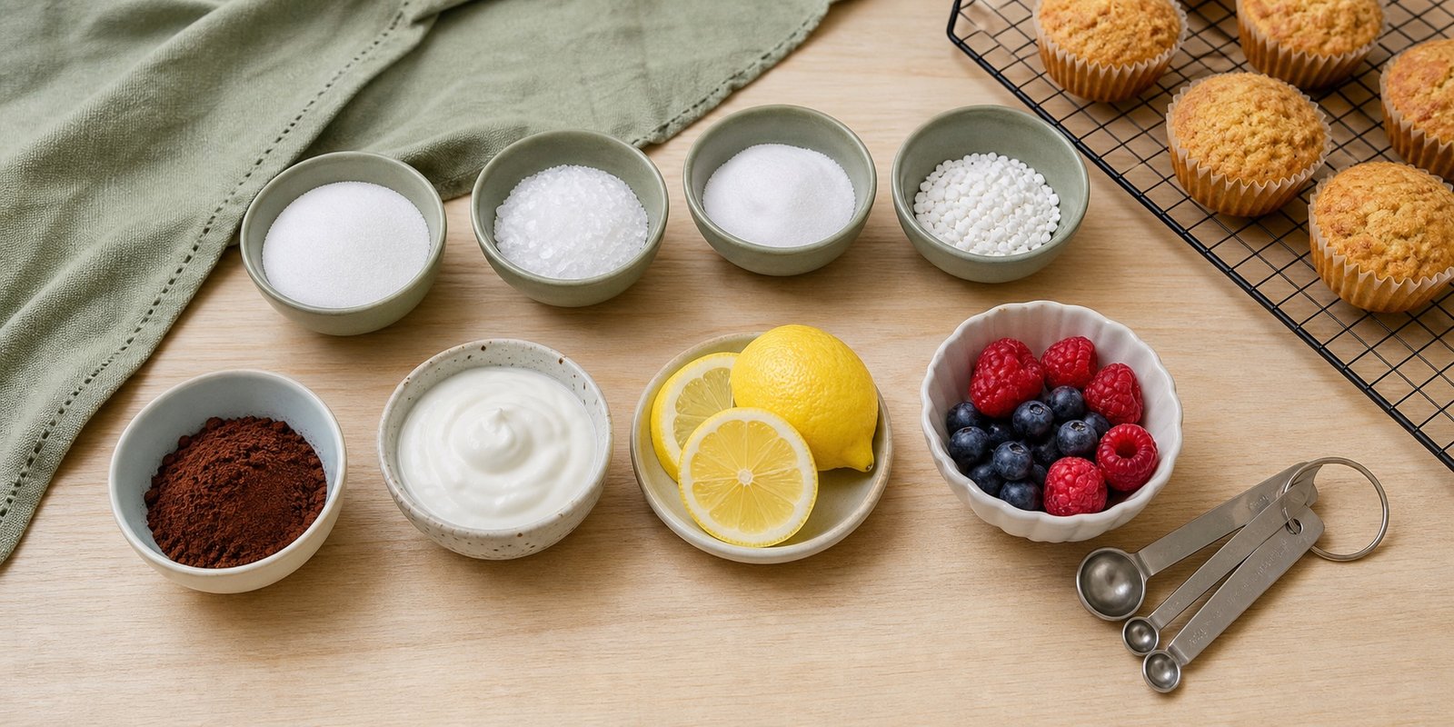 Ingredientes low carb com bowls de adoçantes, cacau, iogurte, limão e frutas vermelhas.