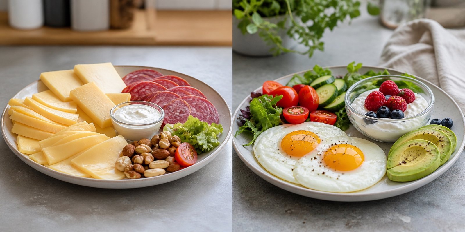 Comparação entre prato low carb desequilibrado com excesso de queijo e embutidos e prato equilibrado com ovos, vegetais, iogurte e abacate.