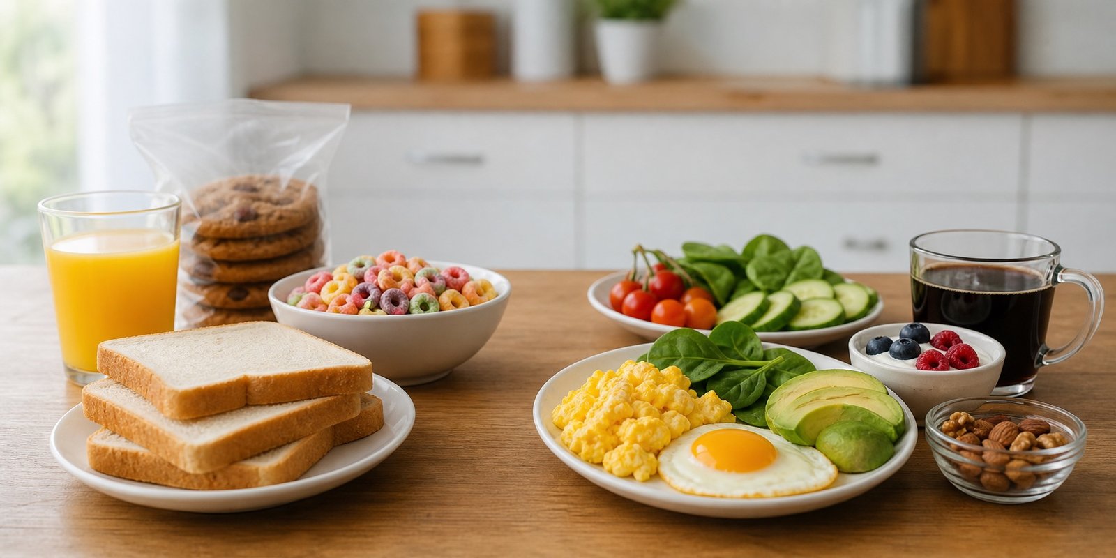 Comparação visual entre escolhas comuns com açúcar e farinha e opções de café low carb com ovos, iogurte, abacate e vegetais.