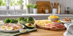 Mesa de cozinha com ingredientes low carb equilibrados e escolhas comuns que podem atrapalhar a dieta.
