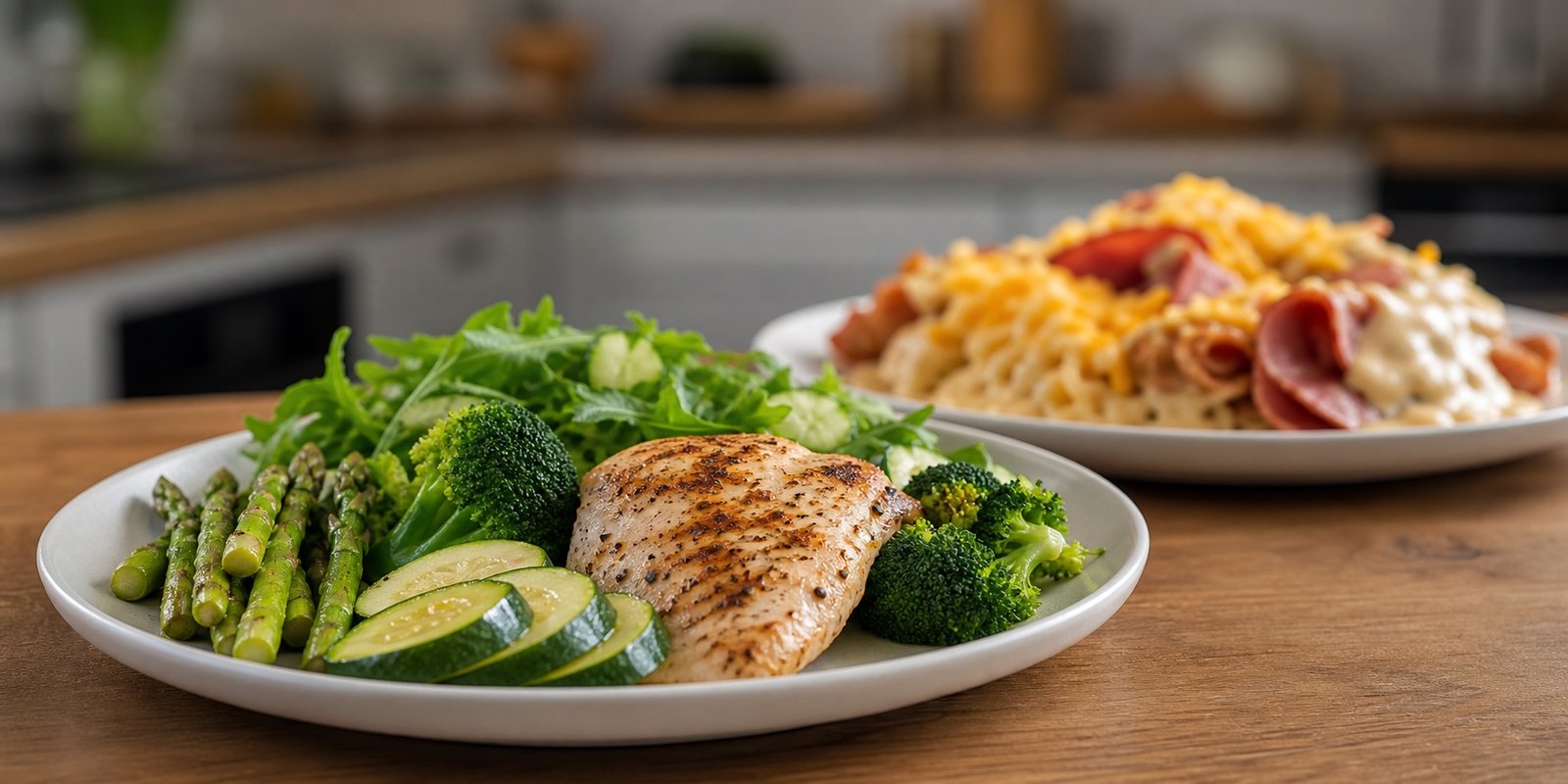 Prato equilibrado de jantar low carb em primeiro plano com prato mais pesado e cremoso ao fundo para mostrar moderação