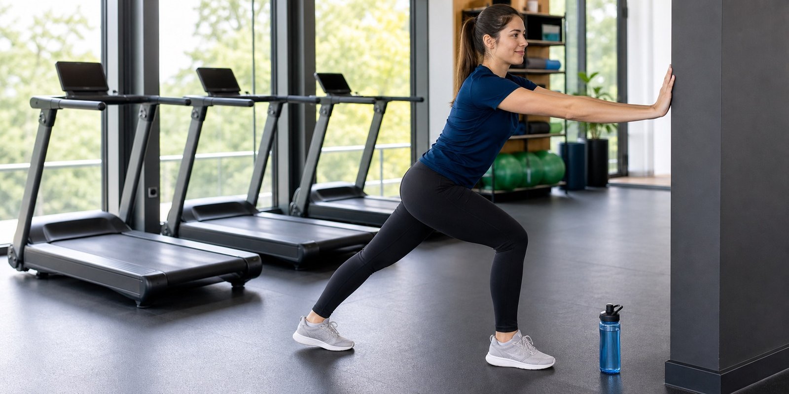 Iniciante fazendo desaceleração e alongamento leve após treino de cardio.