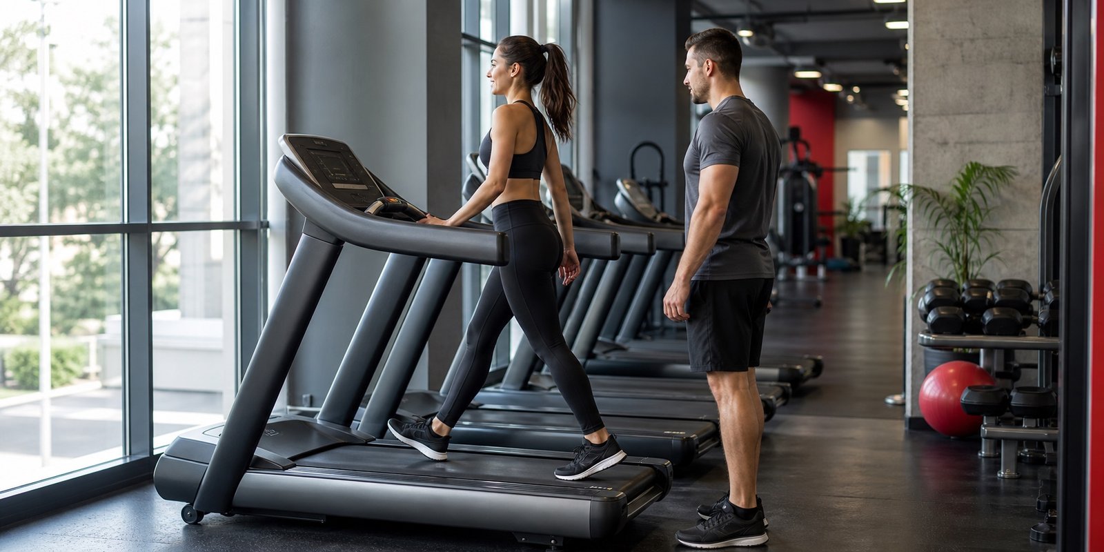 Instrutor ajudando iniciante a escolher máquinas de cardio na academia conforme objetivo e nível.
