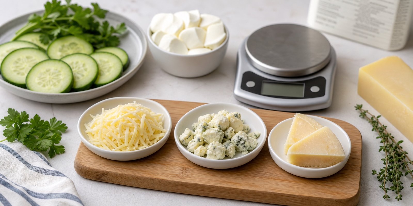 Porções de queijo, balança e vegetais low carb para escolher laticínios com menos carboidratos.