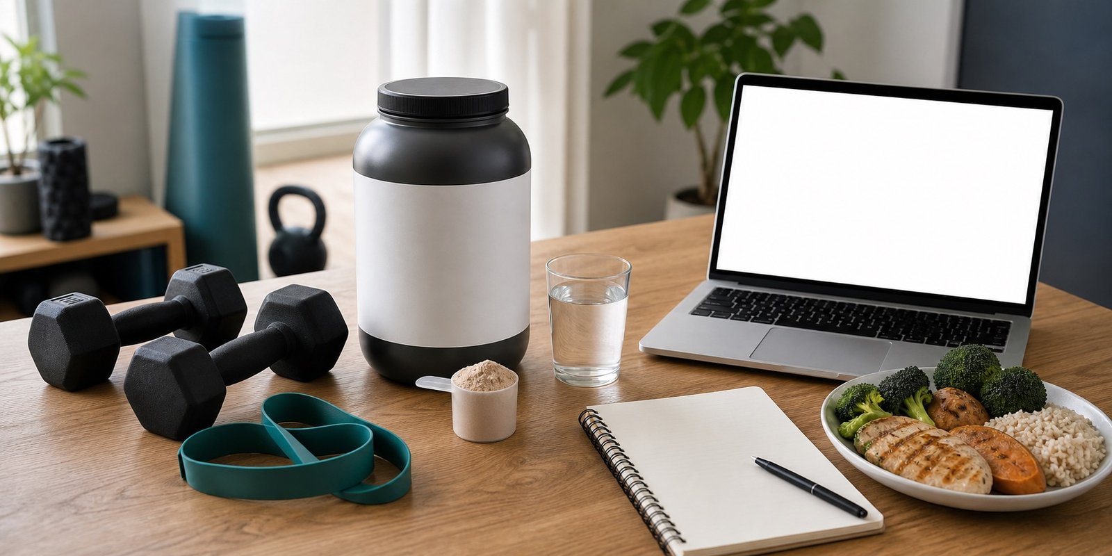 Pote sem marca de whey protein, notebook em branco, água, halteres e refeição equilibrada para escolha segura.