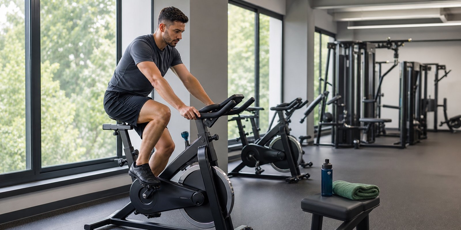 Treino de cardio na esteira da academia com caminhada inclinada e postura segura.