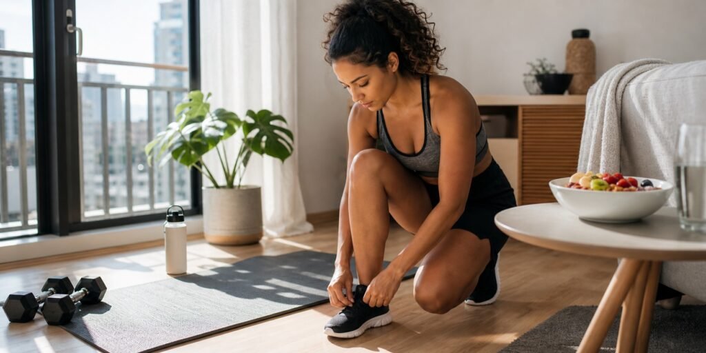 Pessoa preparando um estilo de vida fitness com treino, hidratação e alimentação equilibrada em casa.