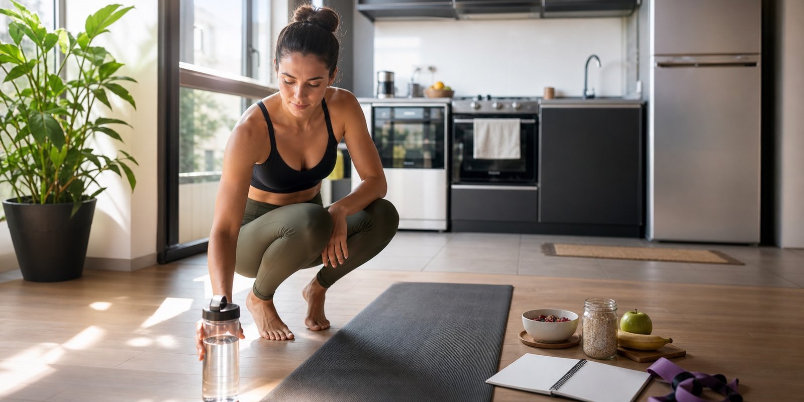 Rotina de estilo de vida fitness com água, tapete de treino e alimentos simples em casa.