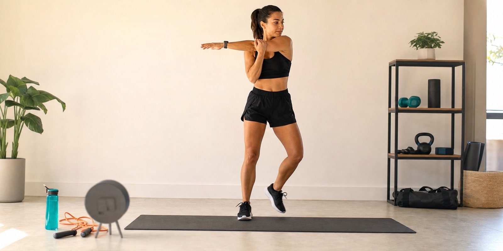 Aquecimento antes de cardio de 10 minutos intenso com cronômetro e espaço organizado.