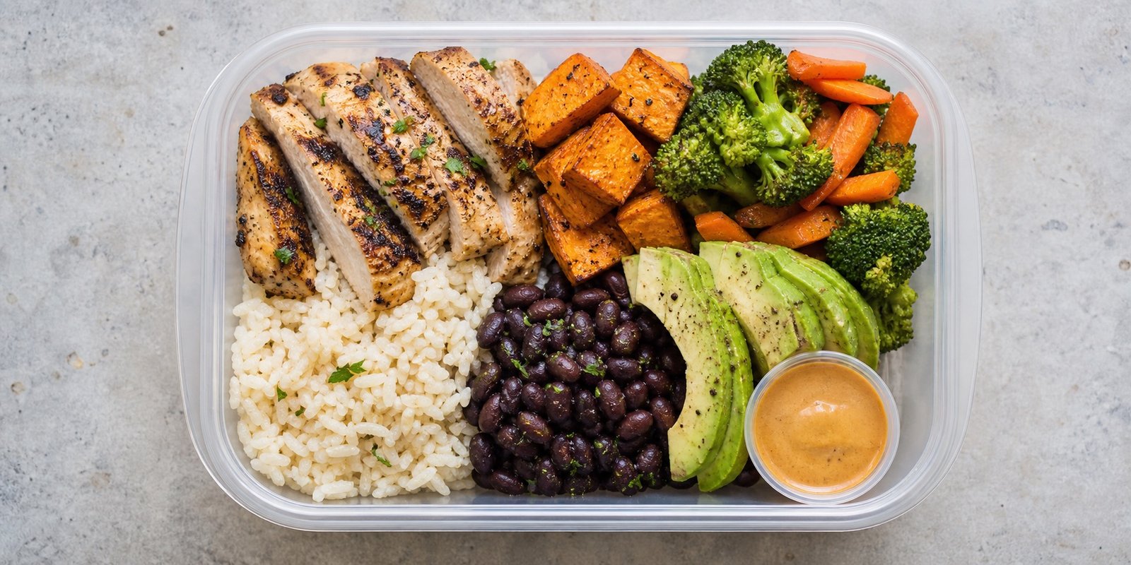 Marmita fitness para ganhar massa com proteína, carboidrato, legumes, feijão e molho separado.