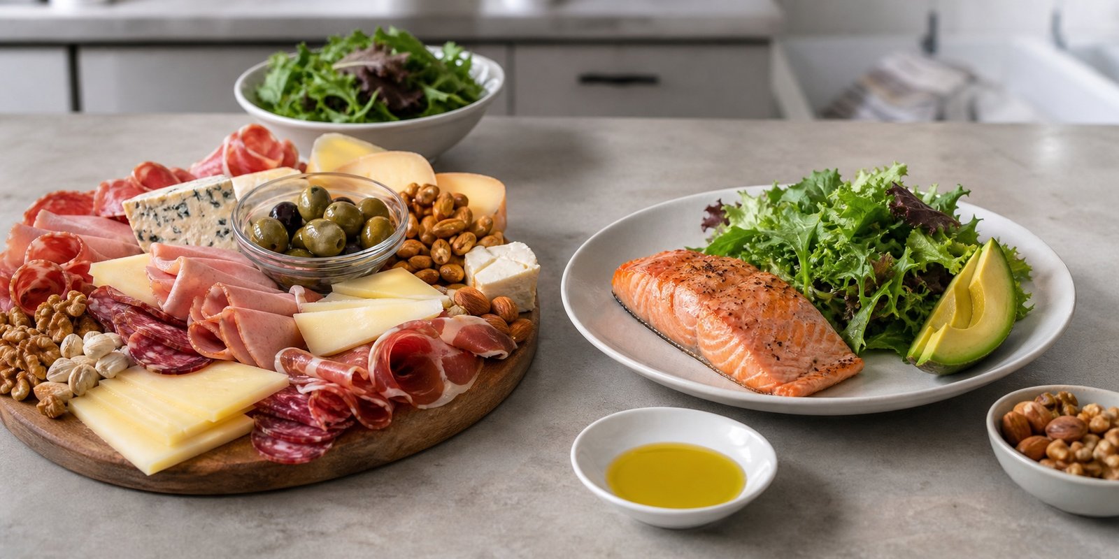 Excesso de gorduras na dieta low carb comparado com refeição equilibrada com porções medidas.