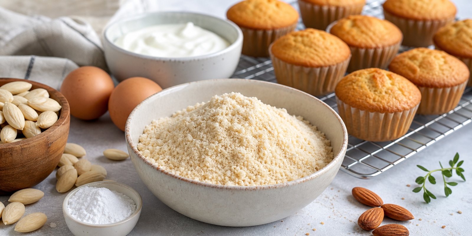 Farinha de amêndoas com ovos e muffins caseiros para preparar receitas low carb com textura macia