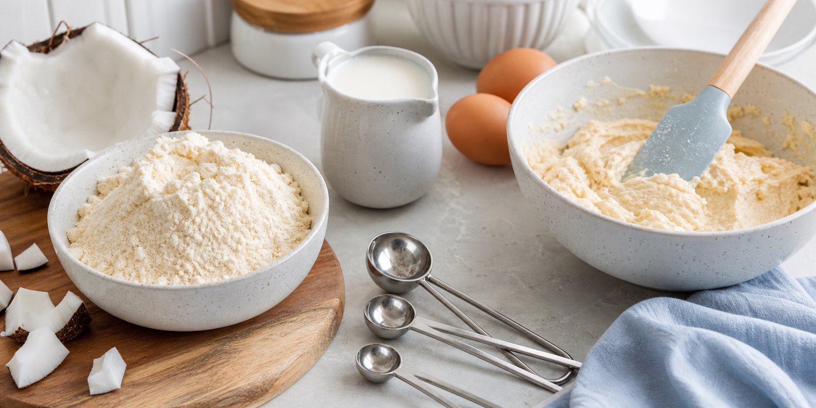 Farinha de coco com ovos e massa espessa mostrando hidratação necessária em receitas de baixo carboidrato