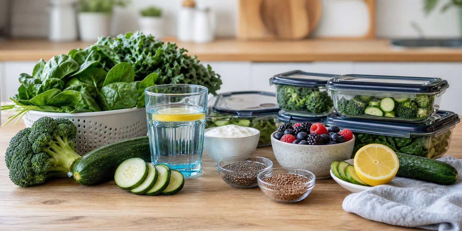 Vegetais, sementes, água e alimentos ricos em fibras para evitar erros na dieta low carb.