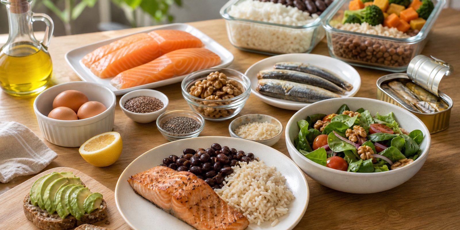 Mesa com salmão, sardinha, sementes, nozes, arroz, feijão e salada para fontes de ômega 3