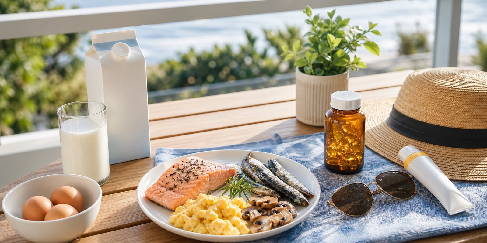 Mesa com alimentos fonte de vitamina D, suplemento sem marca e proteção solar ao lado.