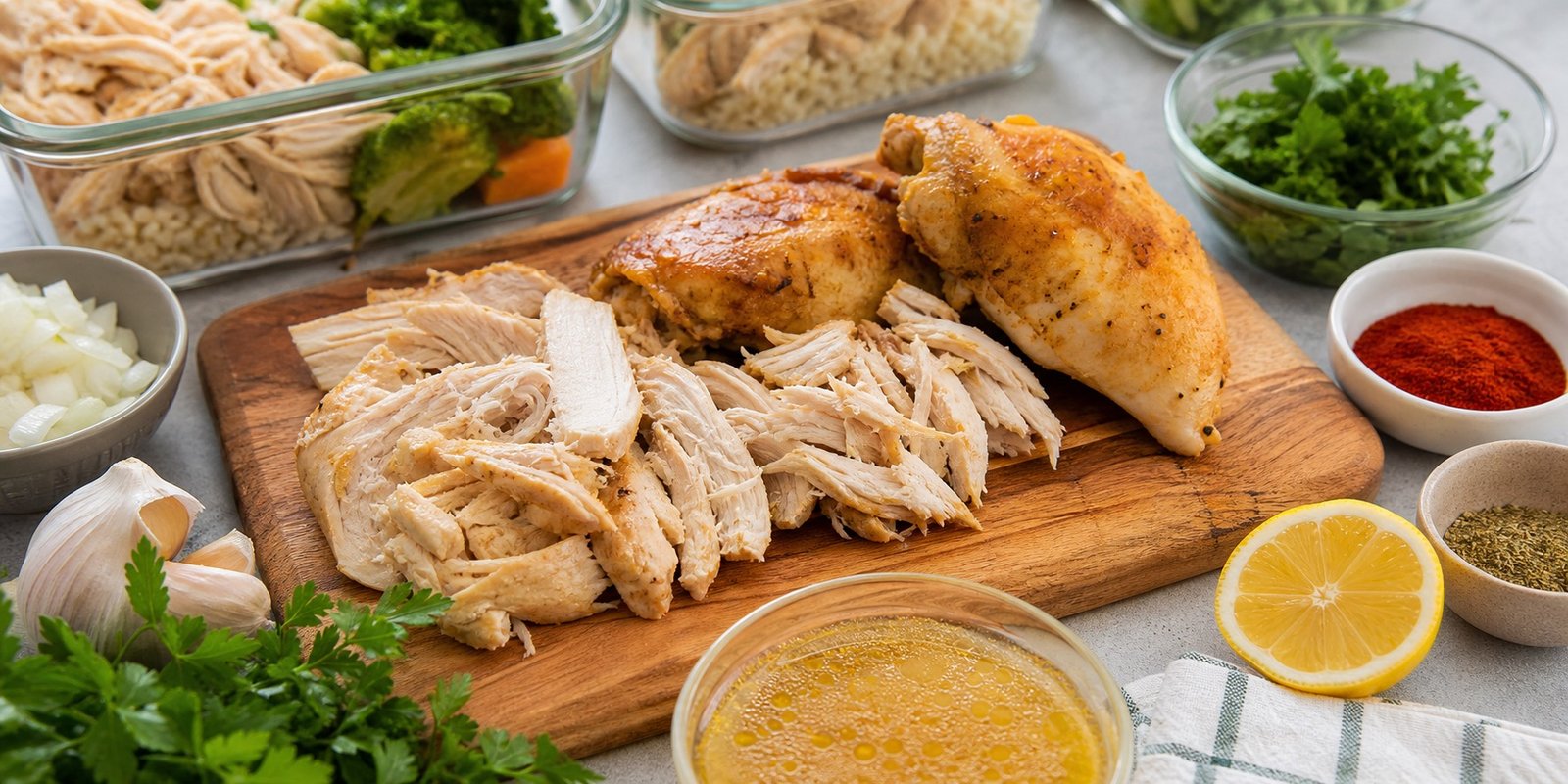 Frango suculento desfiado com temperos naturais para preparar marmita fitness com frango sem ressecar.