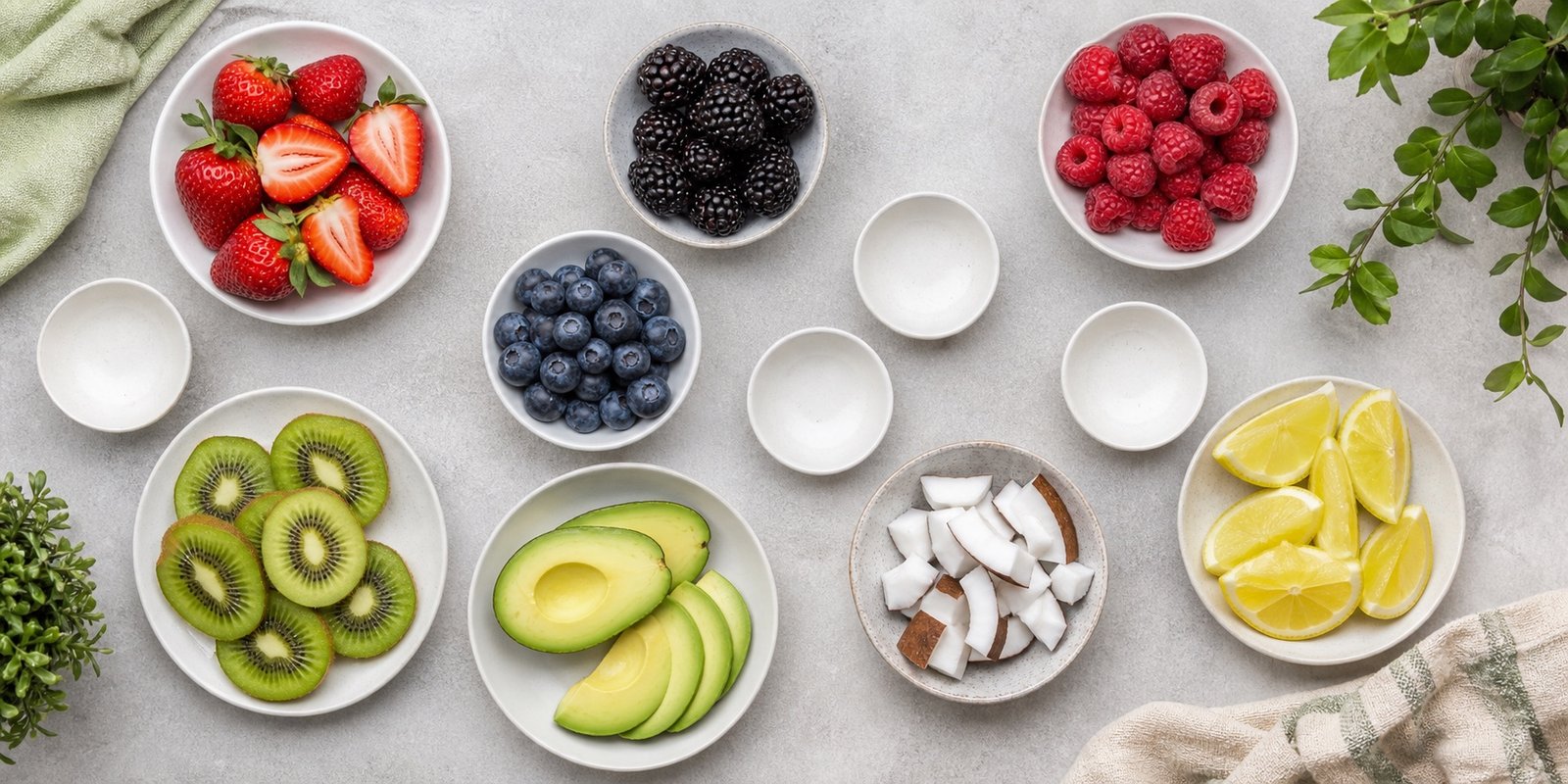 Dieta low carb para emagrecer com frutas em porções de berries, kiwi, abacate, coco e limão.