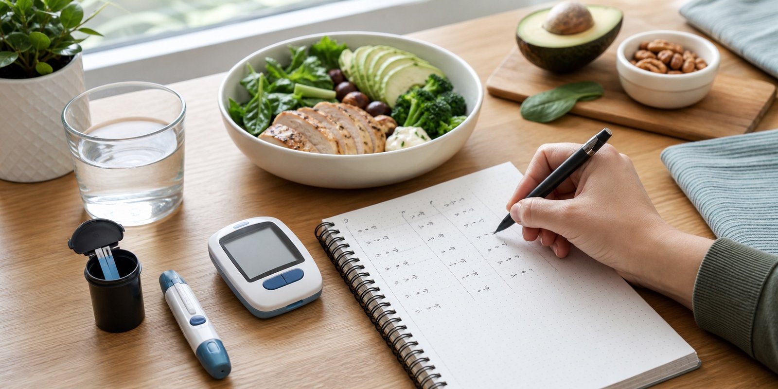 Registro de glicemia, insulina e cetonas ao lado de refeição low carb planejada.