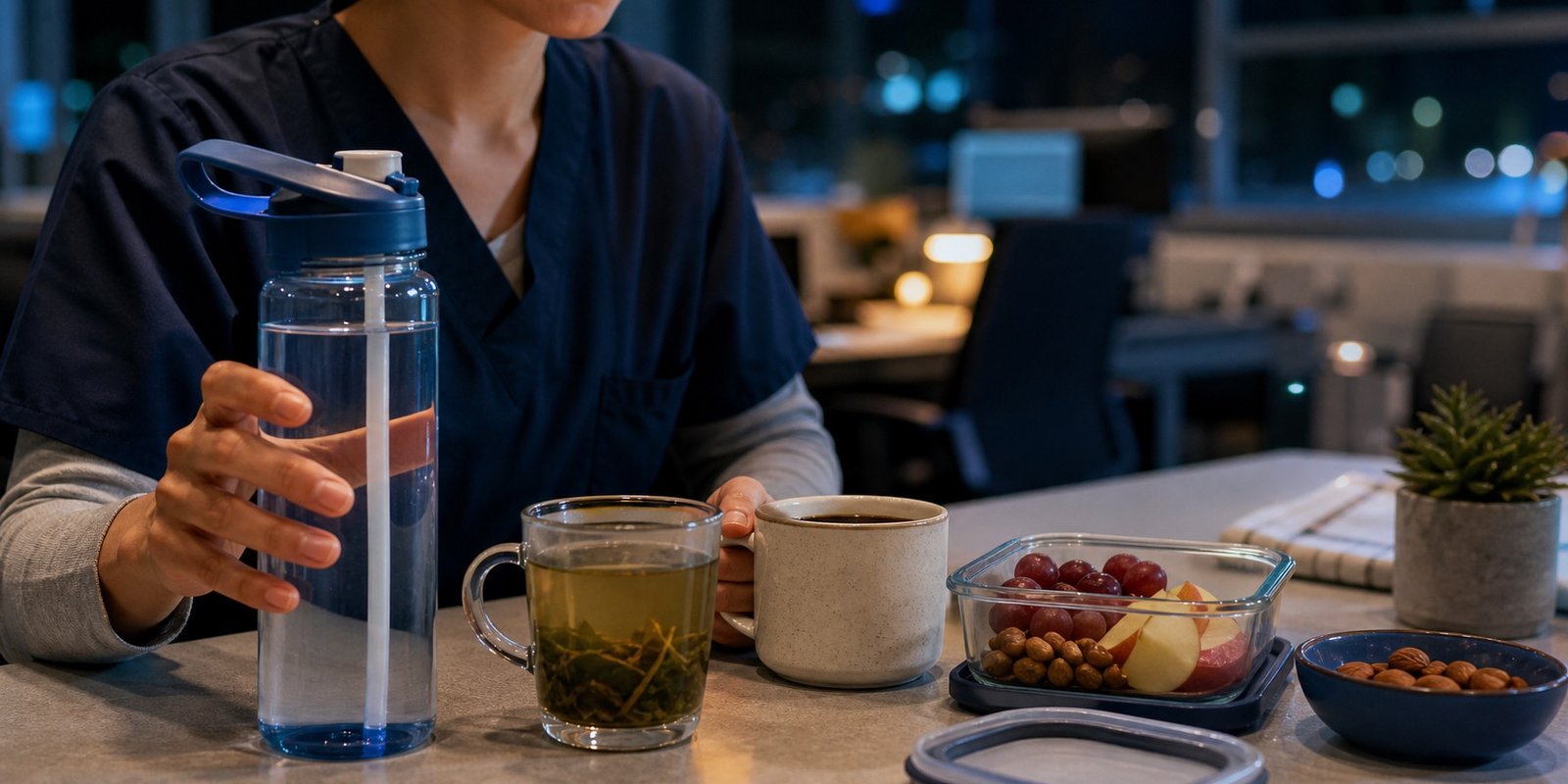 Água, café sem açúcar e chá em uma mesa de trabalho noturno para controlar hidratação e cafeína.