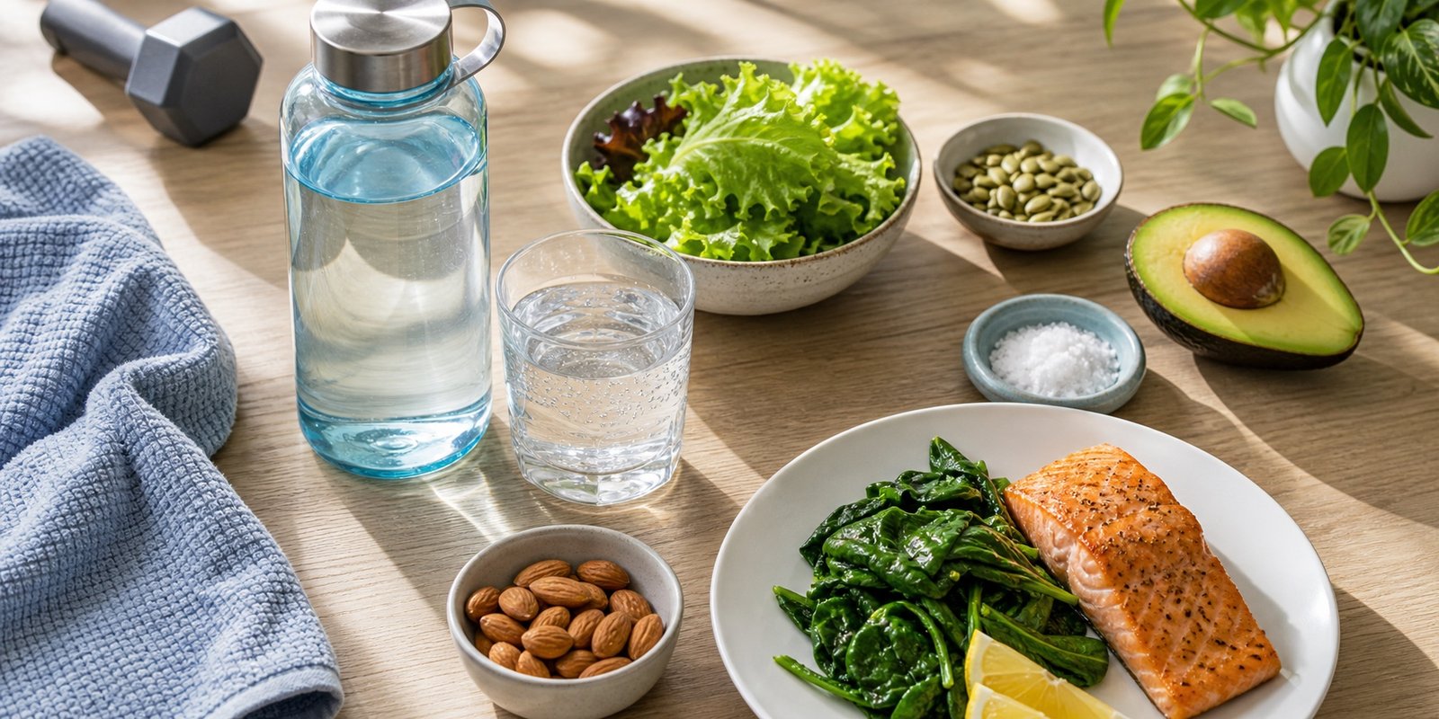 Água, sal, folhas, abacate, sementes e peixe para hidratação durante adaptação low carb.