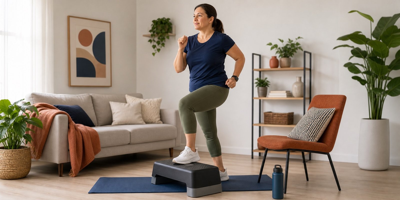 Pessoa iniciante fazendo HIIT de baixo impacto com step-up controlado.