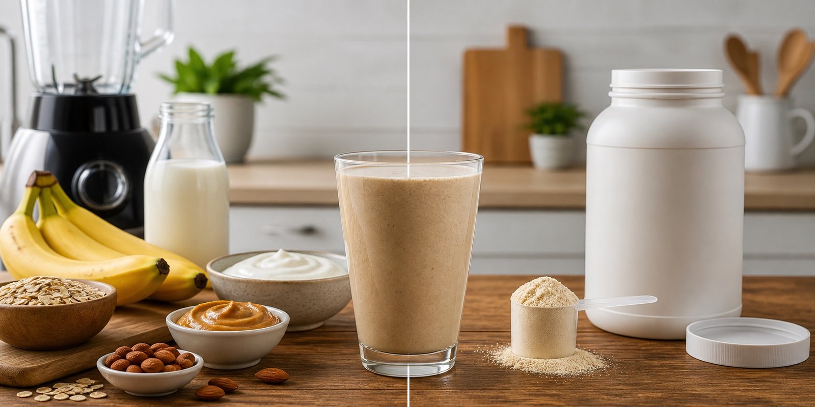 Ingredientes de shake caseiro comparados com suplemento industrializado em cozinha limpa.