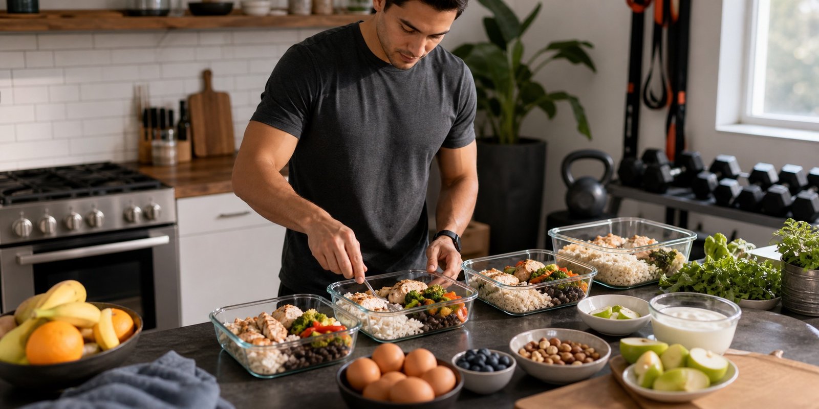 Marmitas e alimentos proteicos organizados para manter proteína no jejum intermitente e academia.