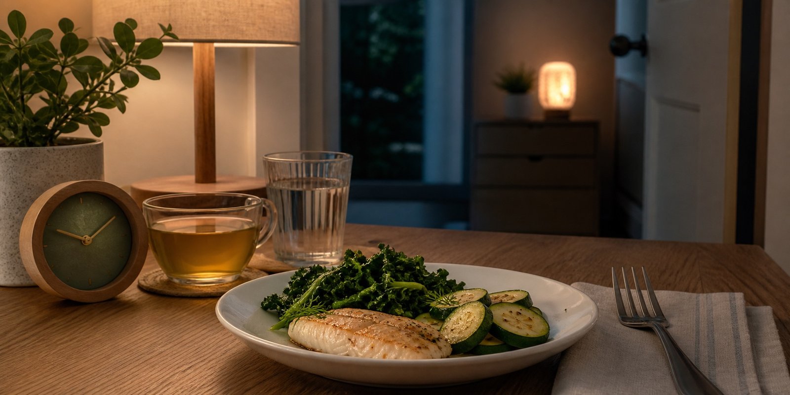 Jantar leve com peixe, couve, abobrinha, água e chá em ambiente noturno calmo para apoiar uma rotina de sono