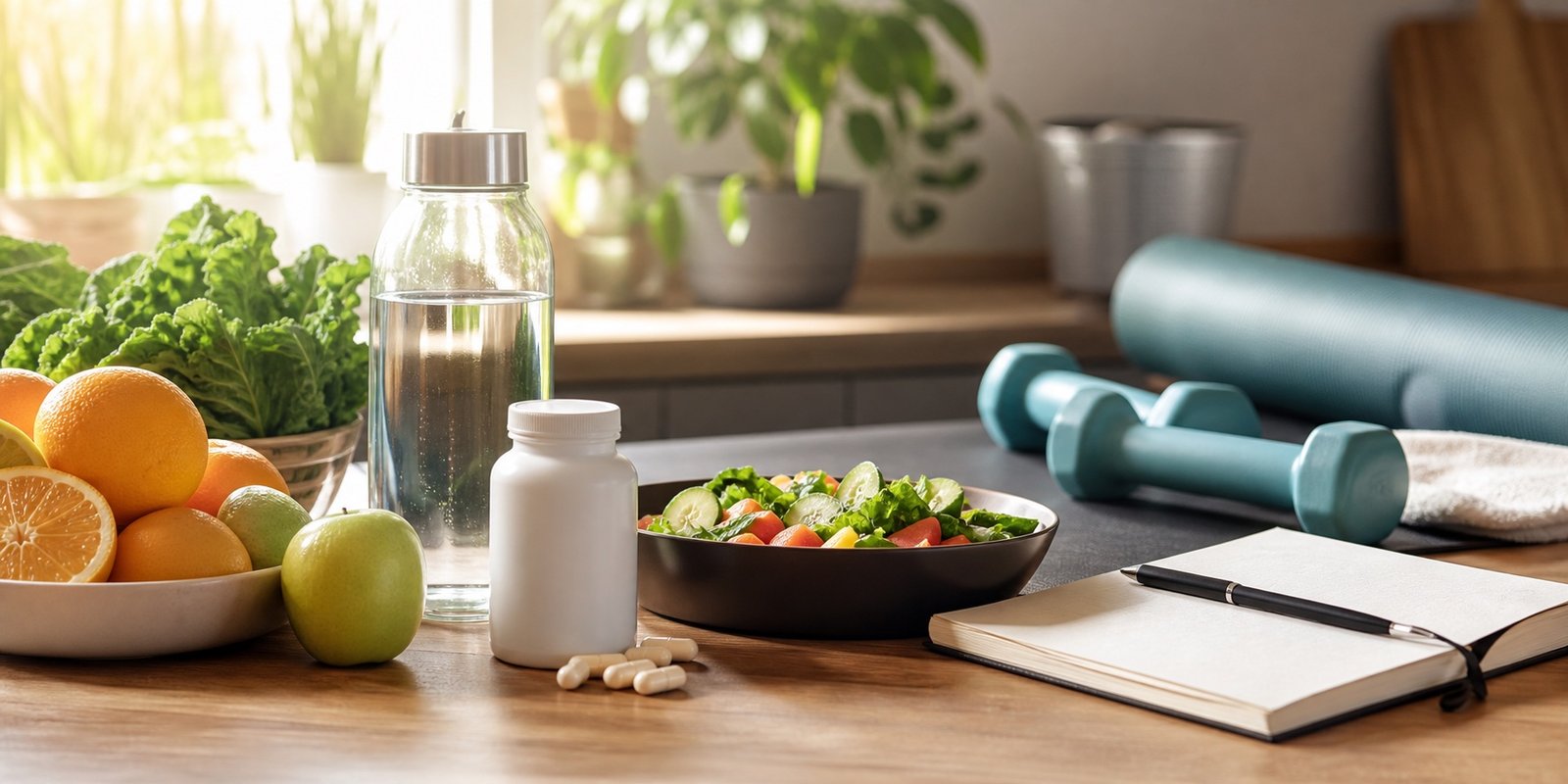 Alimentos, água e treino leve como base para apoiar imunidade antes de suplementos.