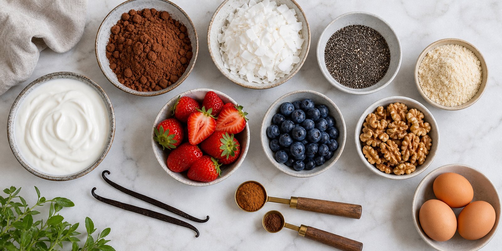Ingredientes para doce cetogênico com cacau sem açúcar, chia, coco, farinha de amêndoas, iogurte e frutas vermelhas.