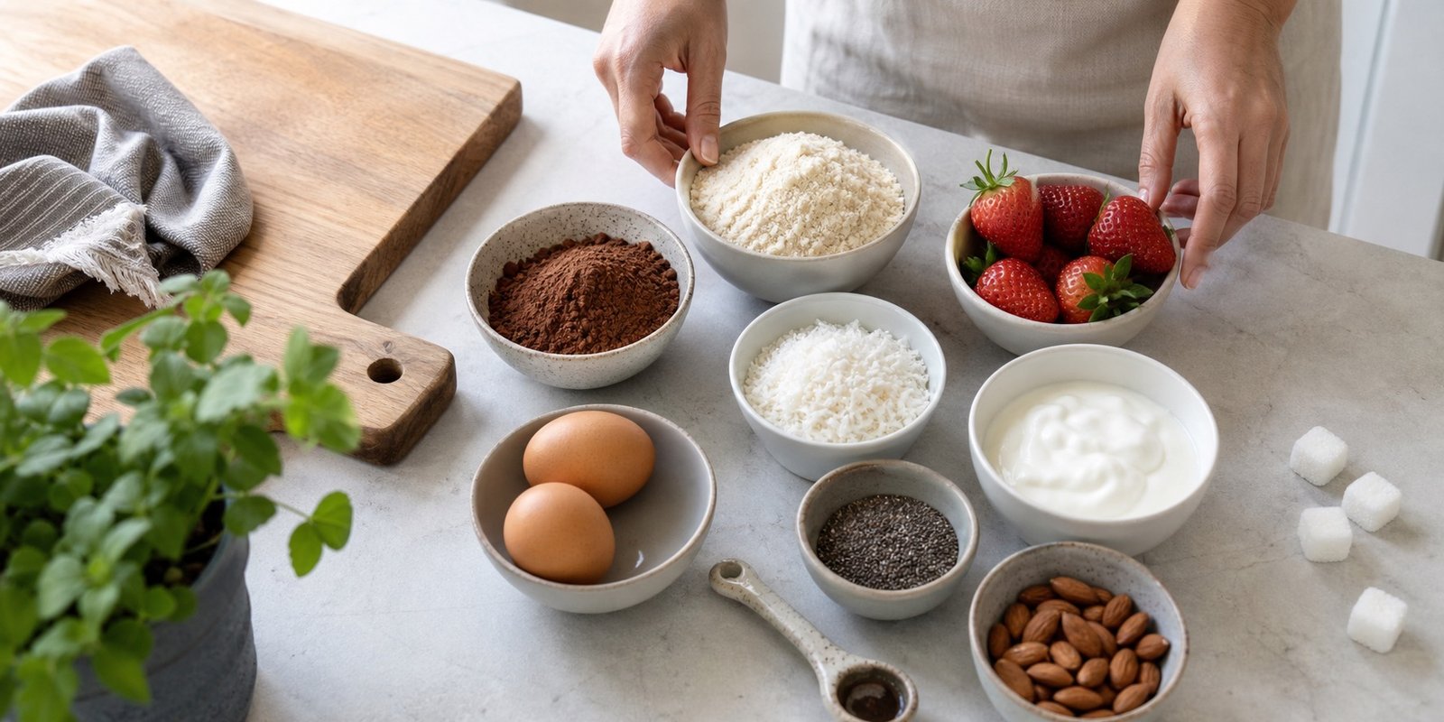 Ingredientes para doces low carb com cacau sem açúcar, farinha de amêndoas, iogurte natural, ovos, chia e frutas vermelhas.