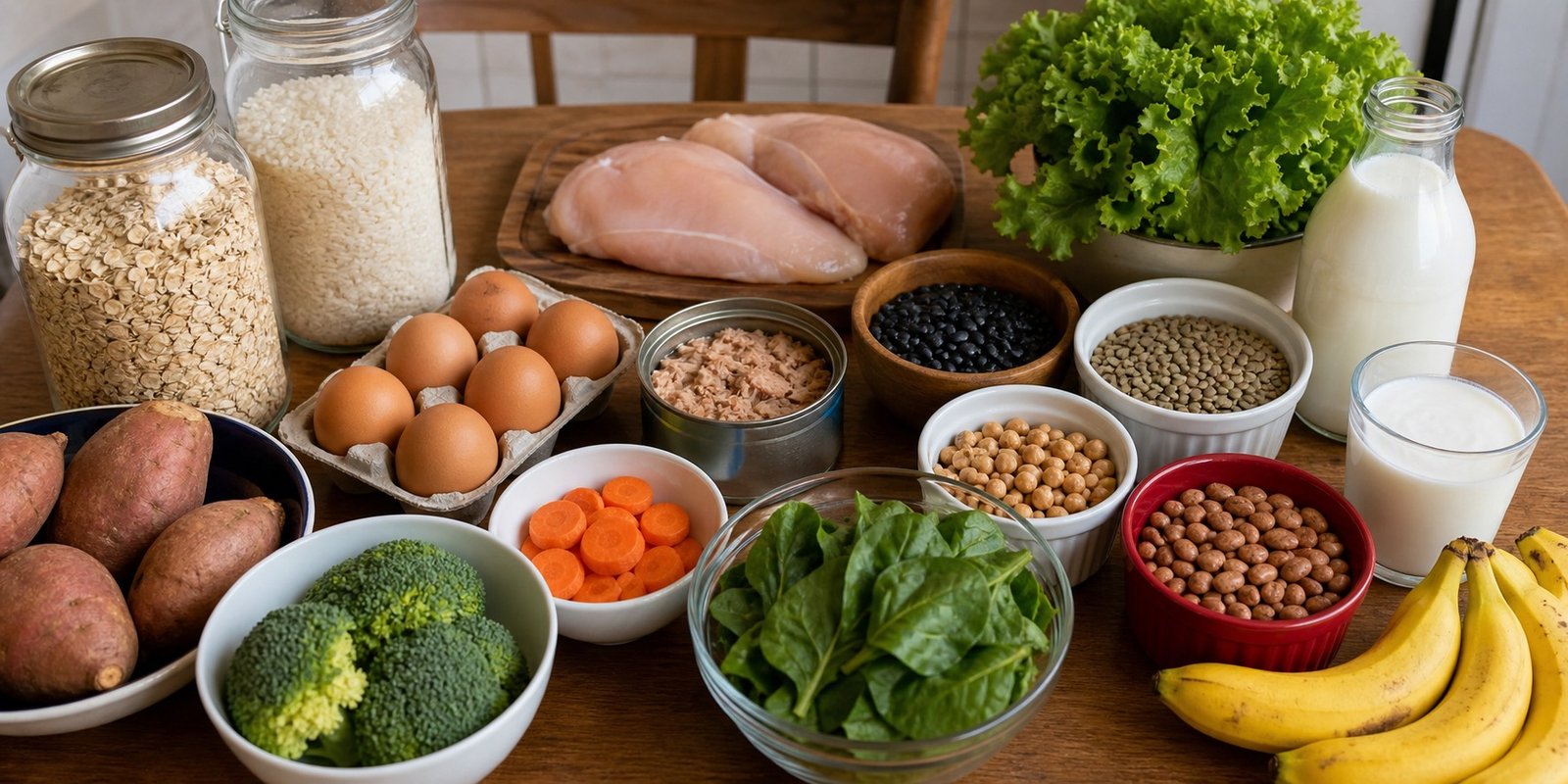 Ingredientes acessíveis como ovos, frango, arroz, feijão, lentilha, aveia, banana e legumes.