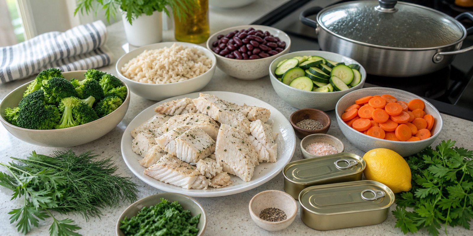 Marmita fitness com peixe, arroz, feijão, brócolis, abobrinha, ervas e limão.