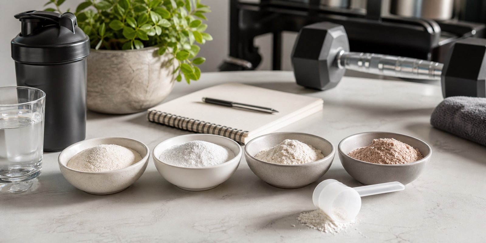 Bancada com pós sem marca, scoop, água e halter para comparar ingredientes de pré-treino.