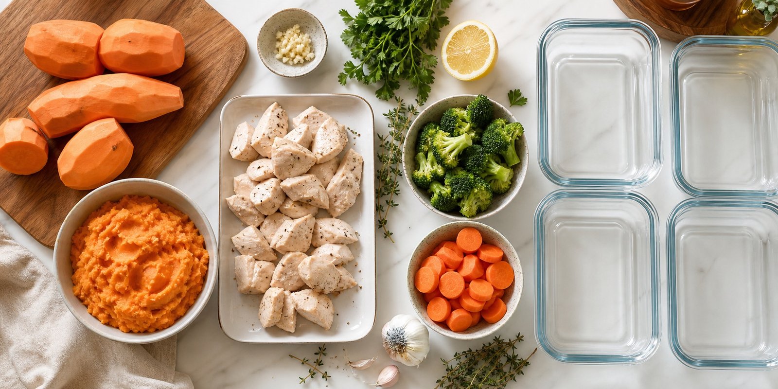 Ingredientes para purê de batata-doce com frango, ervas, alho, limão, brócolis e cenoura