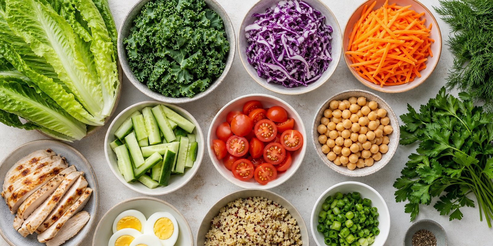 Ingredientes firmes e secos para saladas de marmita, com folhas, repolho, legumes crocantes e proteínas separadas.