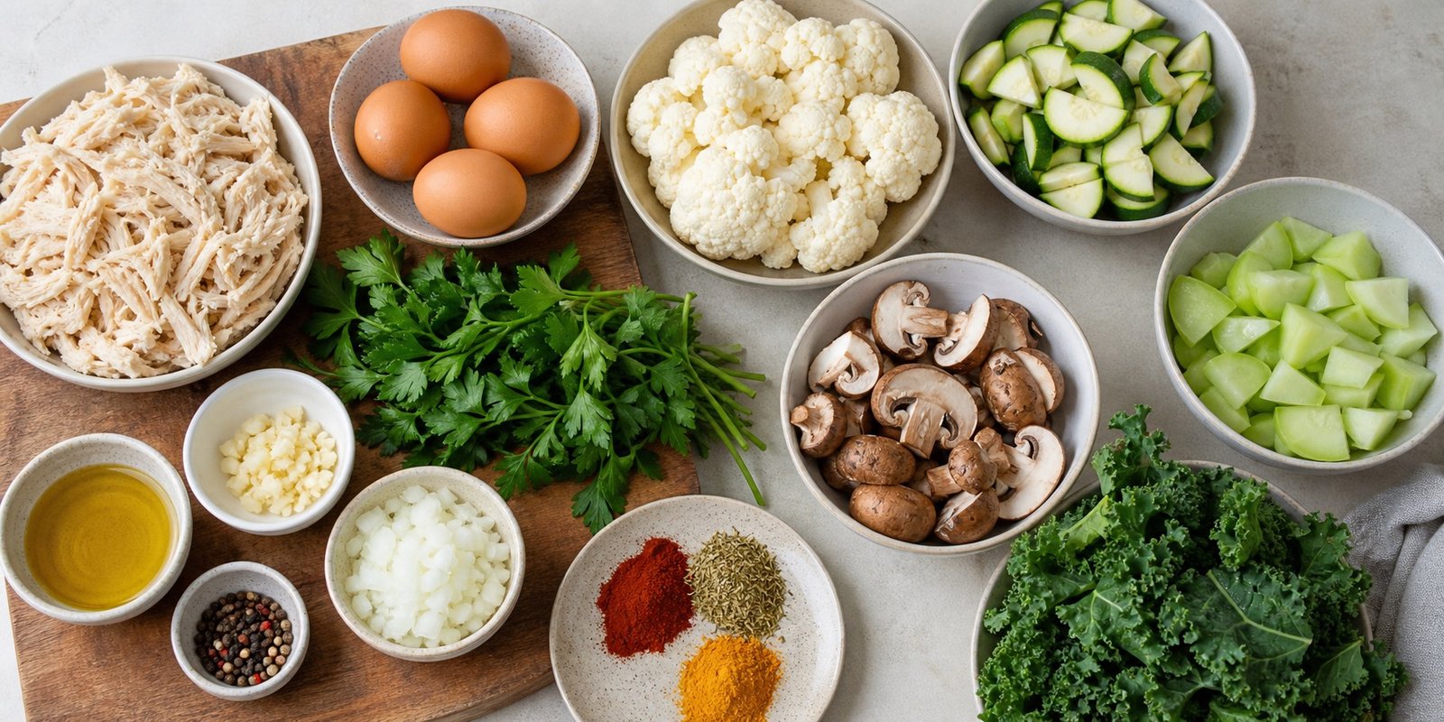 Frango, ovos, couve-flor, abobrinha, chuchu, couve, cogumelos e temperos para sopa de jantar.