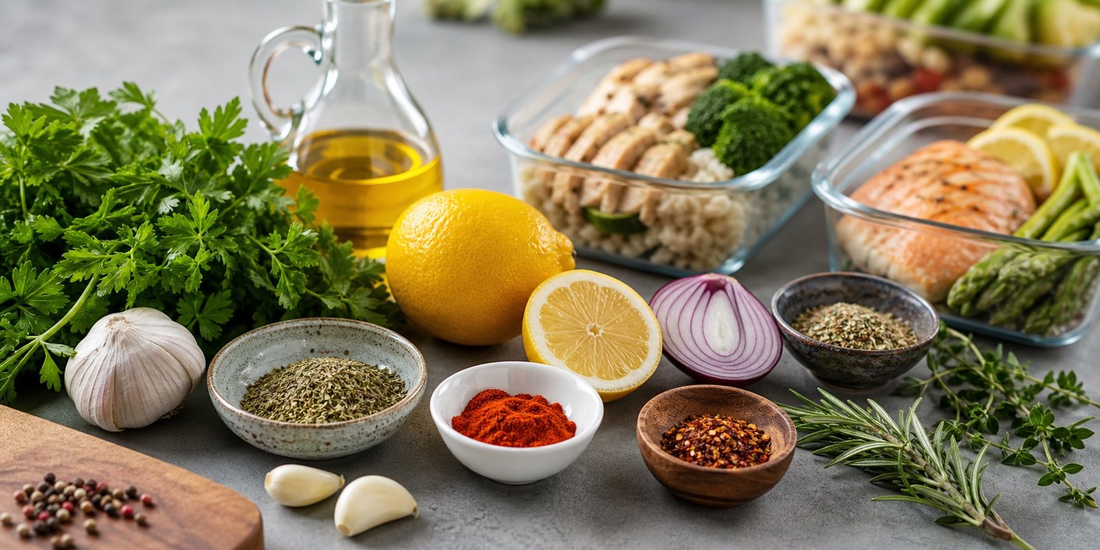 Ervas, alho, limão e especiarias para temperar marmitas saudáveis
